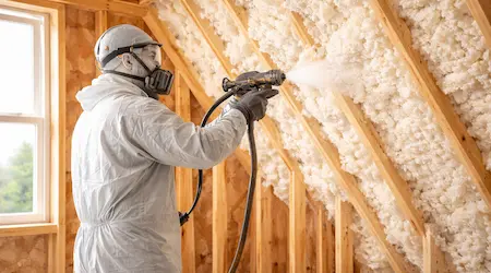 Open-cell insulation applied to attic rafters in Miami